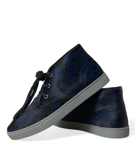 Dolce & Gabbana Blue Calfskin Leopard Mid Top Sneakers Shoes