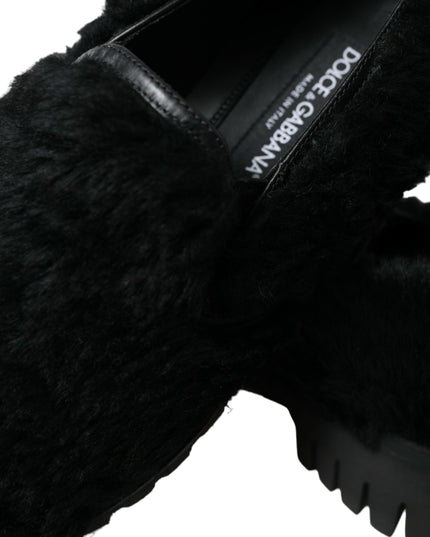 Dolce & Gabbana Black Fur Leather Slippers Dress Shoes