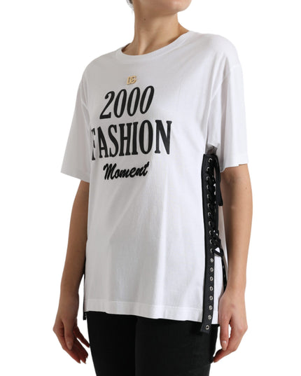 Dolce & Gabbana White Slogan Print Lacing Detailed T-shirt