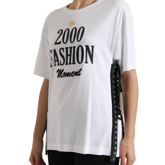 Dolce & Gabbana White Slogan Print Lacing Detailed T-shirt