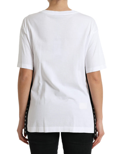 Dolce & Gabbana White Slogan Print Lacing Detailed T-shirt