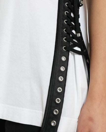 Dolce & Gabbana White Slogan Print Lacing Detailed T-shirt