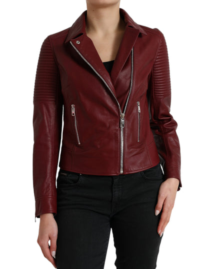 Dolce & Gabbana Bordeaux Leather Biker Coat Lambskin Jacket