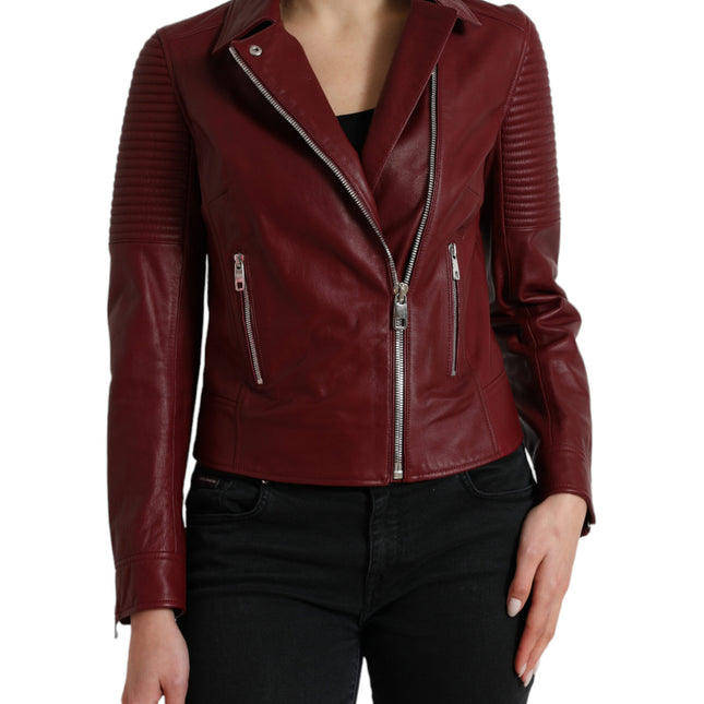 Dolce & Gabbana Bordeaux Leather Biker Coat Lambskin Jacket