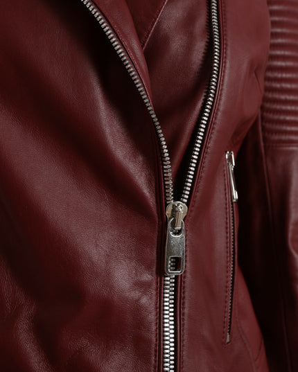 Dolce & Gabbana Bordeaux Leather Biker Coat Lambskin Jacket