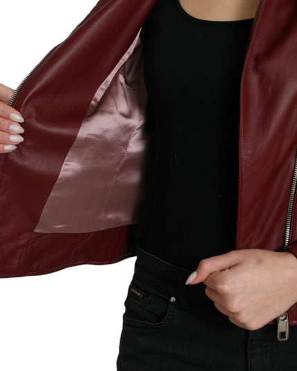 Dolce & Gabbana Bordeaux Leather Biker Coat Lambskin Jacket