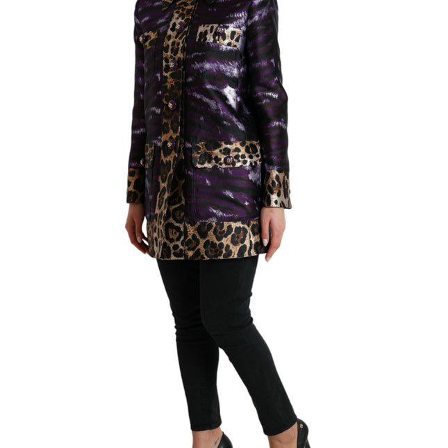 Dolce & Gabbana Purple Lamé Jacquard Tiger Print Coat Jacket