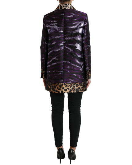 Dolce & Gabbana Purple Lamé Jacquard Tiger Print Coat Jacket