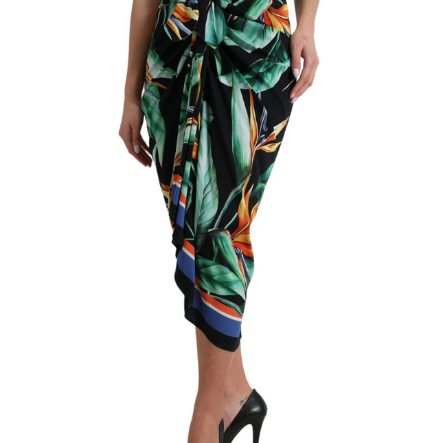 Dolce & Gabbana Black Strelitzia High Waist Wrap Midi Skirt
