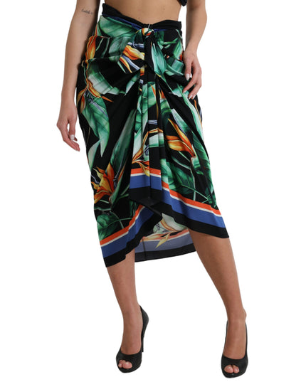 Dolce & Gabbana Black Strelitzia High Waist Wrap Midi Skirt