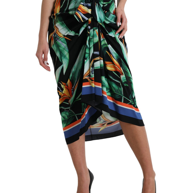 Dolce & Gabbana Black Strelitzia High Waist Wrap Midi Skirt