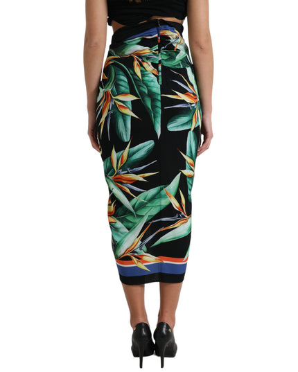 Dolce & Gabbana Black Strelitzia High Waist Wrap Midi Skirt