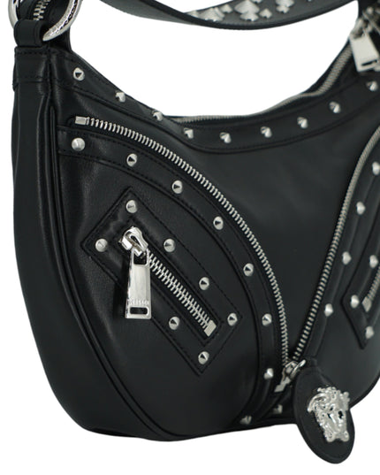 Versace Black Calf Leather Small Hobo Shoulder Bag