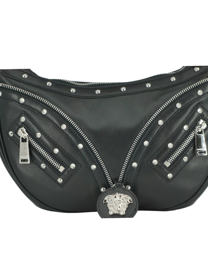 Versace Black Calf Leather Small Hobo Shoulder Bag