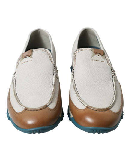 Dolce & Gabbana White Brown Leather Slip On Men Moccasin Shoes
