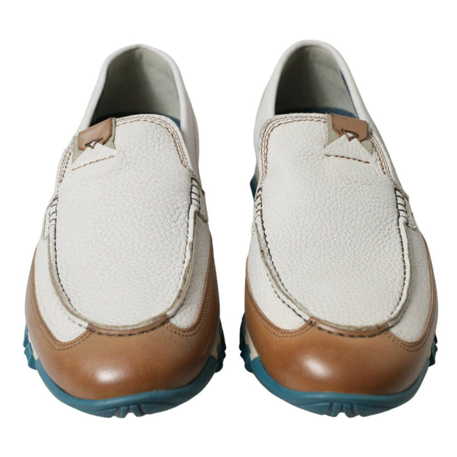 Dolce & Gabbana White Brown Leather Slip On Men Moccasin Shoes