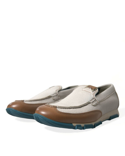 Dolce & Gabbana White Brown Leather Slip On Men Moccasin Shoes