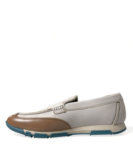 Dolce & Gabbana White Brown Leather Slip On Men Moccasin Shoes