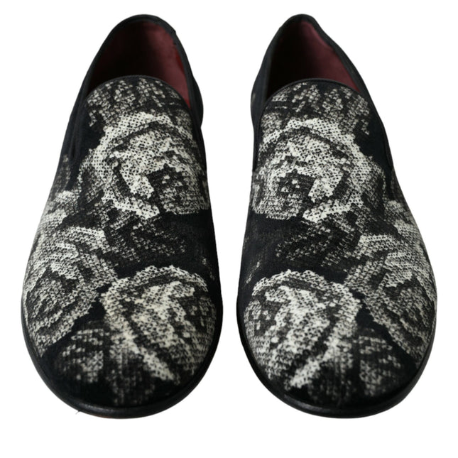 Dolce & Gabbana Black Floral Slippers Men Loafers Dress Shoes