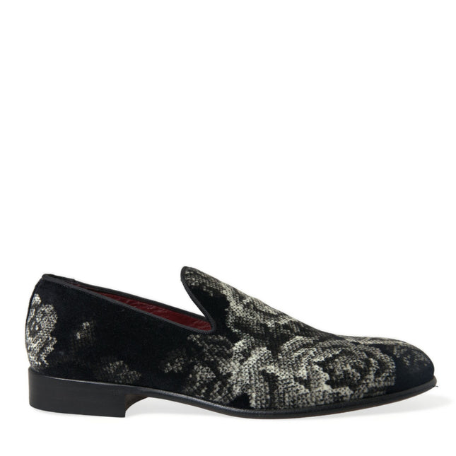 Dolce & Gabbana Black Floral Slippers Men Loafers Dress Shoes