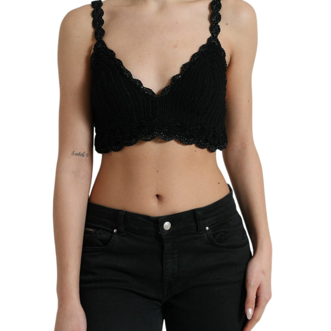Dolce & Gabbana Black Cotton Bustier Cropped Crochet Tank Top