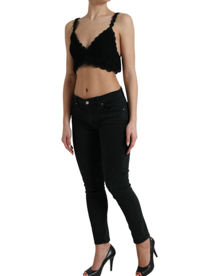Dolce & Gabbana Black Cotton Bustier Cropped Crochet Tank Top