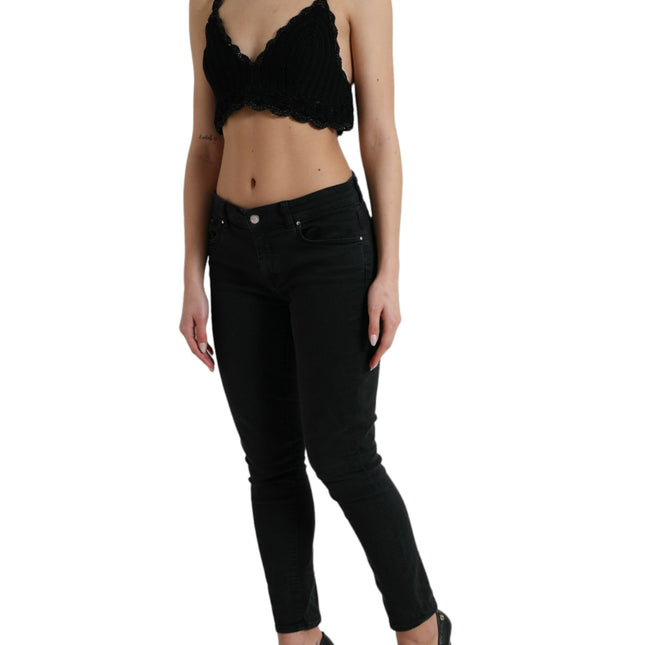 Dolce & Gabbana Black Cotton Bustier Cropped Crochet Tank Top