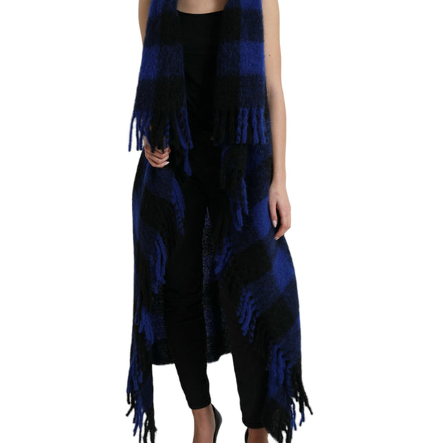 Dolce & Gabbana Black Blue Buffalo Check Poncho Coat Sweater