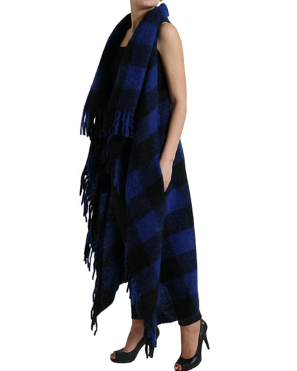 Dolce & Gabbana Black Blue Buffalo Check Poncho Coat Sweater