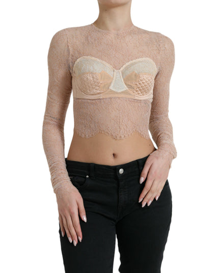 Dolce & Gabbana Beige Nylon Floral Lace Bustier Cropped Top