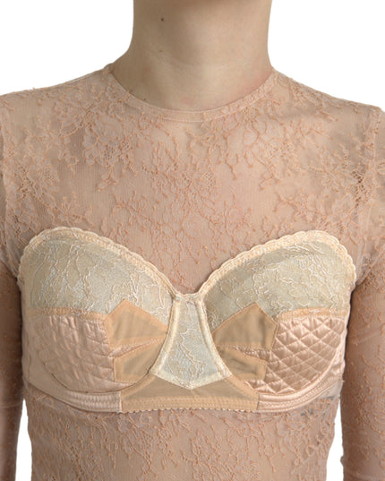 Dolce & Gabbana Beige Nylon Floral Lace Bustier Cropped Top