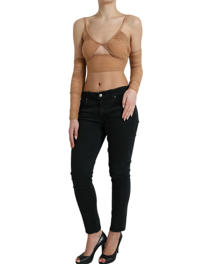 Dolce & Gabbana Brown Nylon Stretch Open Shoulder Cropped Top