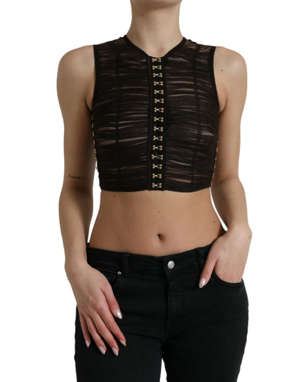 Dolce & Gabbana Brown Embellished Nylon Stretch Cropped Top