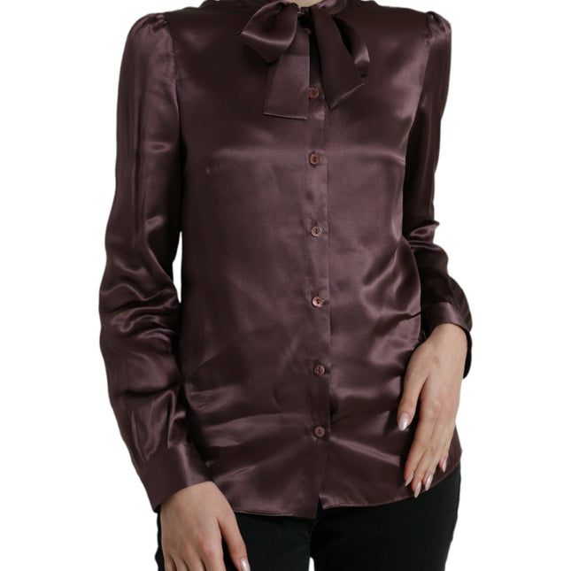Dolce & Gabbana Brown Silk Ascot Collar Long Sleeve Blouse Top