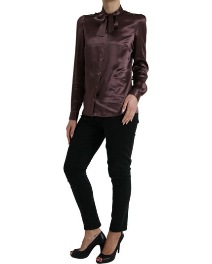 Dolce & Gabbana Brown Silk Ascot Collar Long Sleeve Blouse Top
