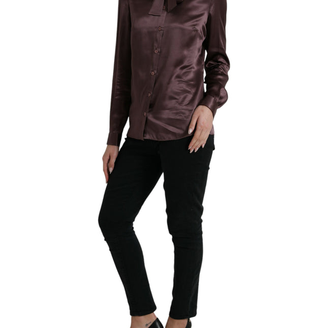 Dolce & Gabbana Brown Silk Ascot Collar Long Sleeve Blouse Top