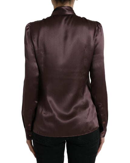 Dolce & Gabbana Brown Silk Ascot Collar Long Sleeve Blouse Top