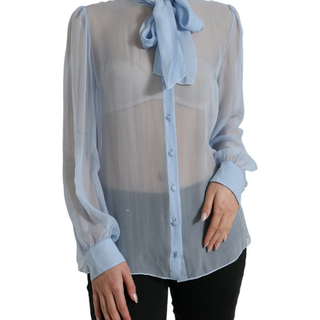 Dolce & Gabbana Blue Long Sleeves Ascot Collar Blouse Top