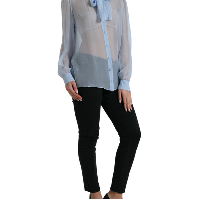 Dolce & Gabbana Blue Long Sleeves Ascot Collar Blouse Top