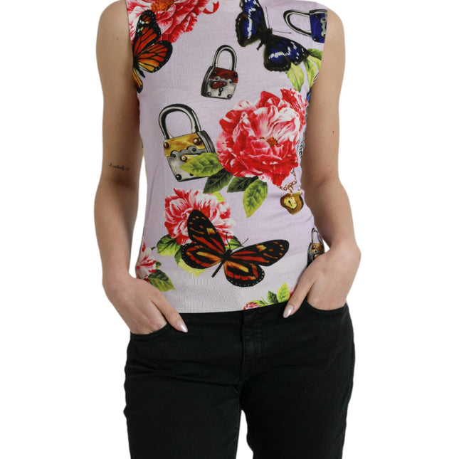 Dolce & Gabbana Multicolor Floral Padlock Butterfly Tank Top