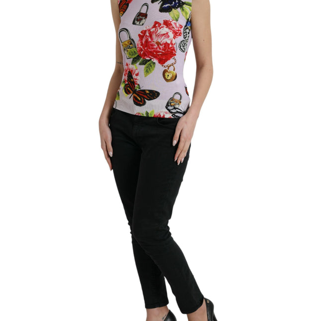 Dolce & Gabbana Multicolor Floral Padlock Butterfly Tank Top