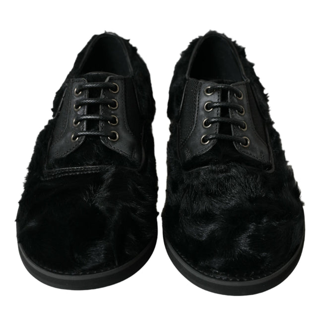 Dolce & Gabbana Black Fur Leather Lace Up Derby Dress Shoes