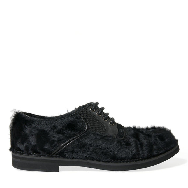 Dolce & Gabbana Black Fur Leather Lace Up Derby Dress Shoes