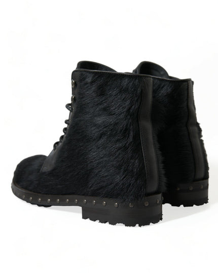 Dolce & Gabbana Black Pony Style Leather Mid Calf Boots Shoes