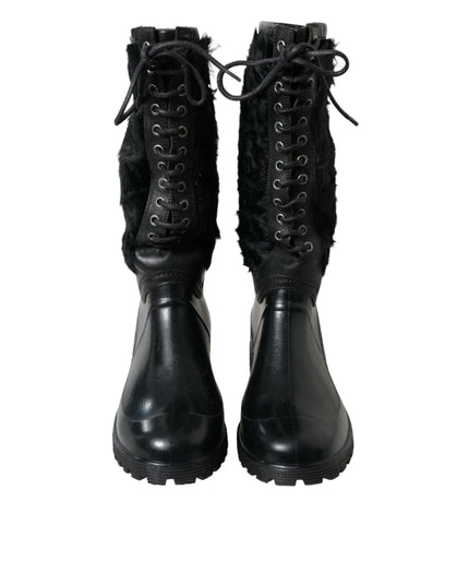 Dolce & Gabbana Black Rubber Lace Up Shearling Rain Boots Shoes