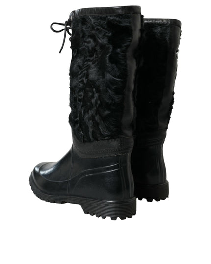 Dolce & Gabbana Black Rubber Lace Up Shearling Rain Boots Shoes