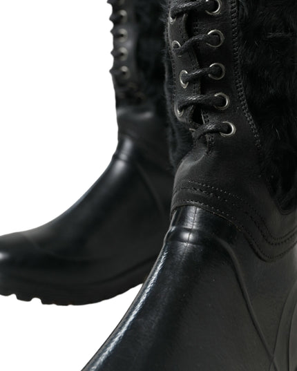 Dolce & Gabbana Black Rubber Lace Up Shearling Rain Boots Shoes
