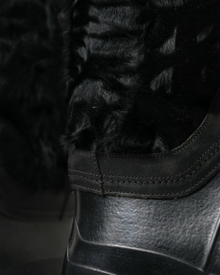 Dolce & Gabbana Black Rubber Lace Up Shearling Rain Boots Shoes