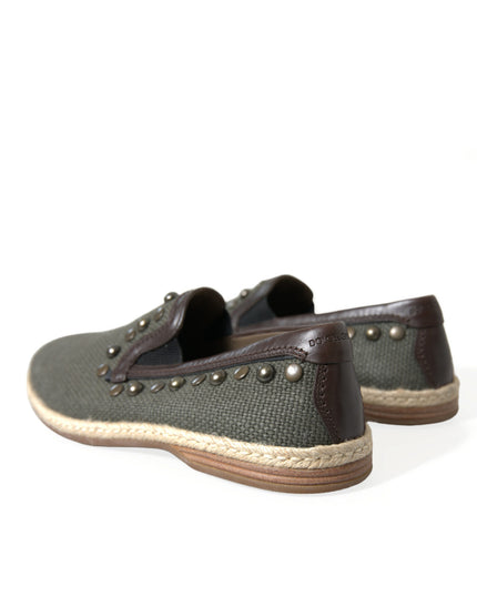 Dolce & Gabbana Gray Linen Leather Studded Loafers Shoes