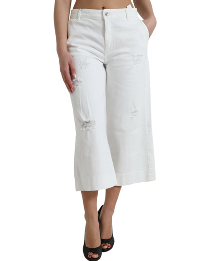 Dolce & Gabbana White Cotton Cropped Wide Leg Denim Jeans